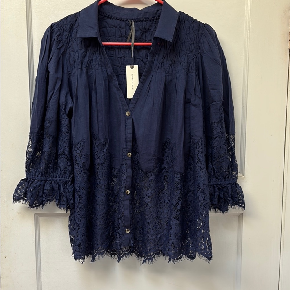 Navy Blue Lace Detail Women's Top